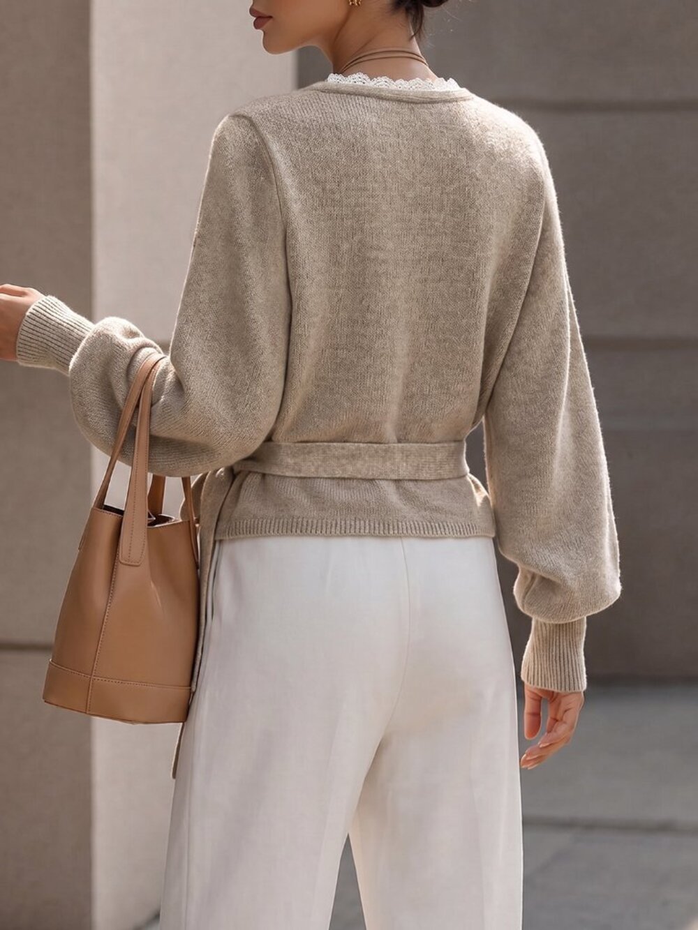 Khaki Casual Women's Elegant Wrap-Style Cropped Sweater With Criss-Cross V-Neck - Picture 2 of 6